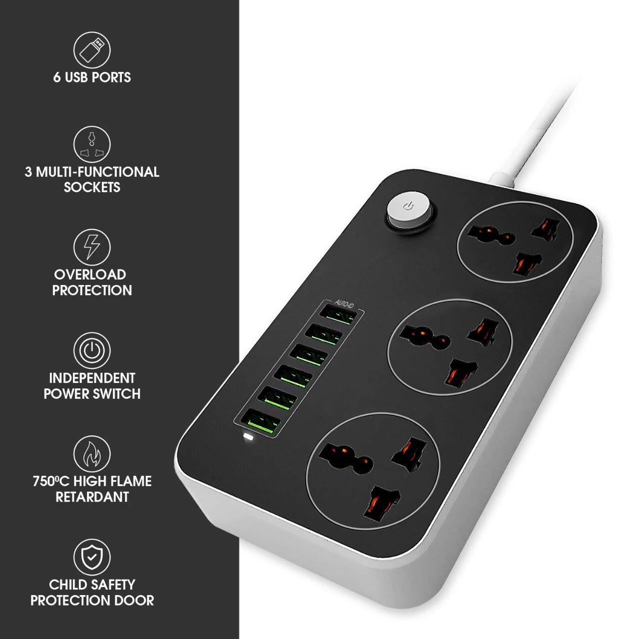 Power Socket with 6 USB Port with 3 Universal Sockets 2M Cable