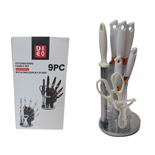 9-Piece Kitchen Knife Family Set with Rotating Display Stand | Premium Stainless Steel Blades