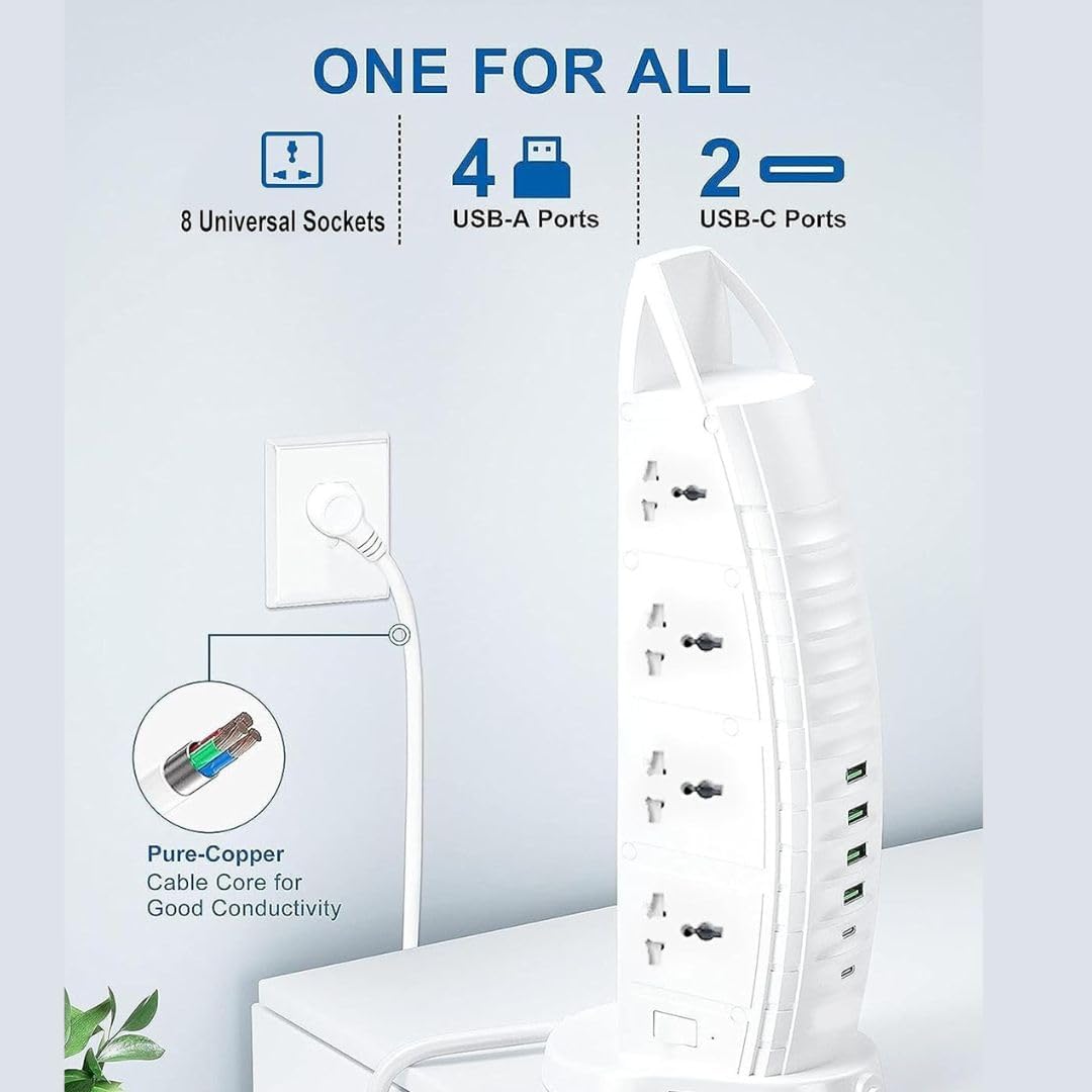 Tower Extension 3000 W with 6 USB Ports 3.4A Multi Plug Extension Socket 2M Cable