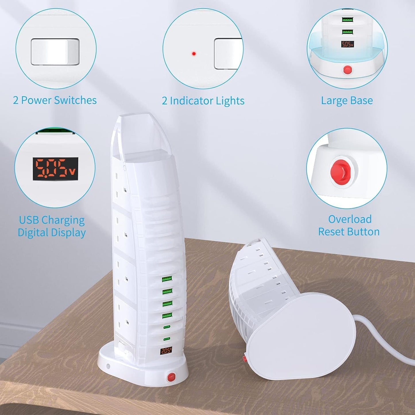 Tower Extension 3000 W with 6 USB Ports 3.4A Multi Plug Extension Socket 2M Cable