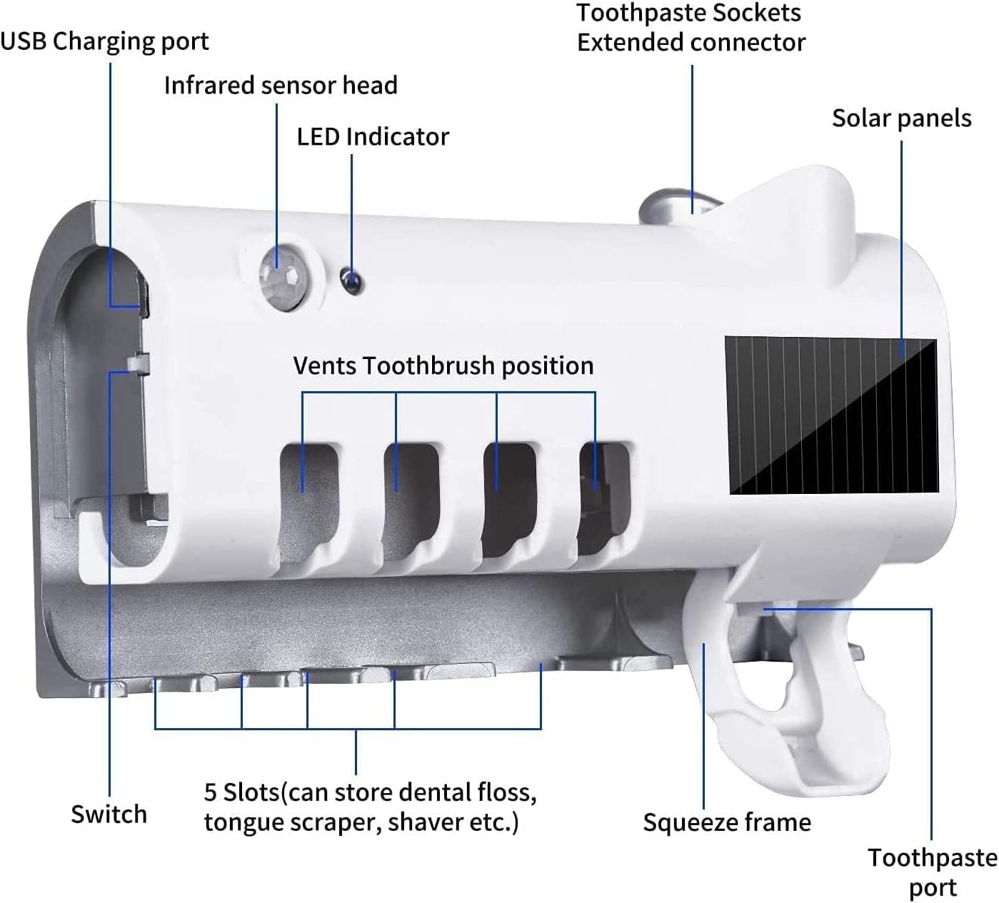 Wall Mounted Toothbrush Holder with UV Light, Toothpaste Dispenser & Storage