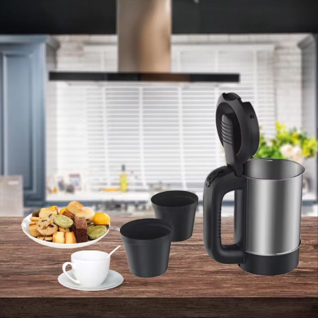 Portable 0.5L Stainless Steel Electric Kettle with Cups – Travel & Hotel Use | Auto Shut-Off | 600W