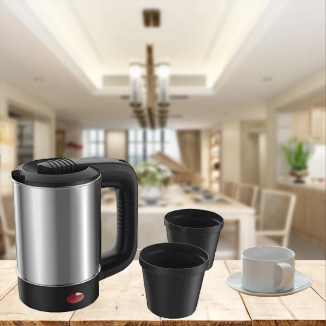 Portable 0.5L Stainless Steel Electric Kettle with Cups – Travel & Hotel Use | Auto Shut-Off | 600W