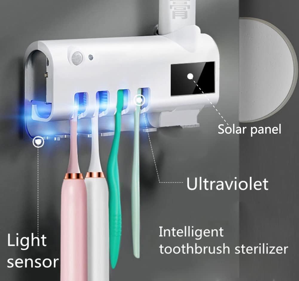Wall Mounted Toothbrush Holder with UV Light, Toothpaste Dispenser & Storage