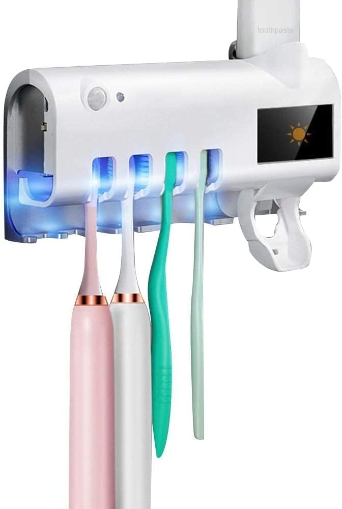 Wall Mounted Toothbrush Holder with UV Light, Toothpaste Dispenser & Storage