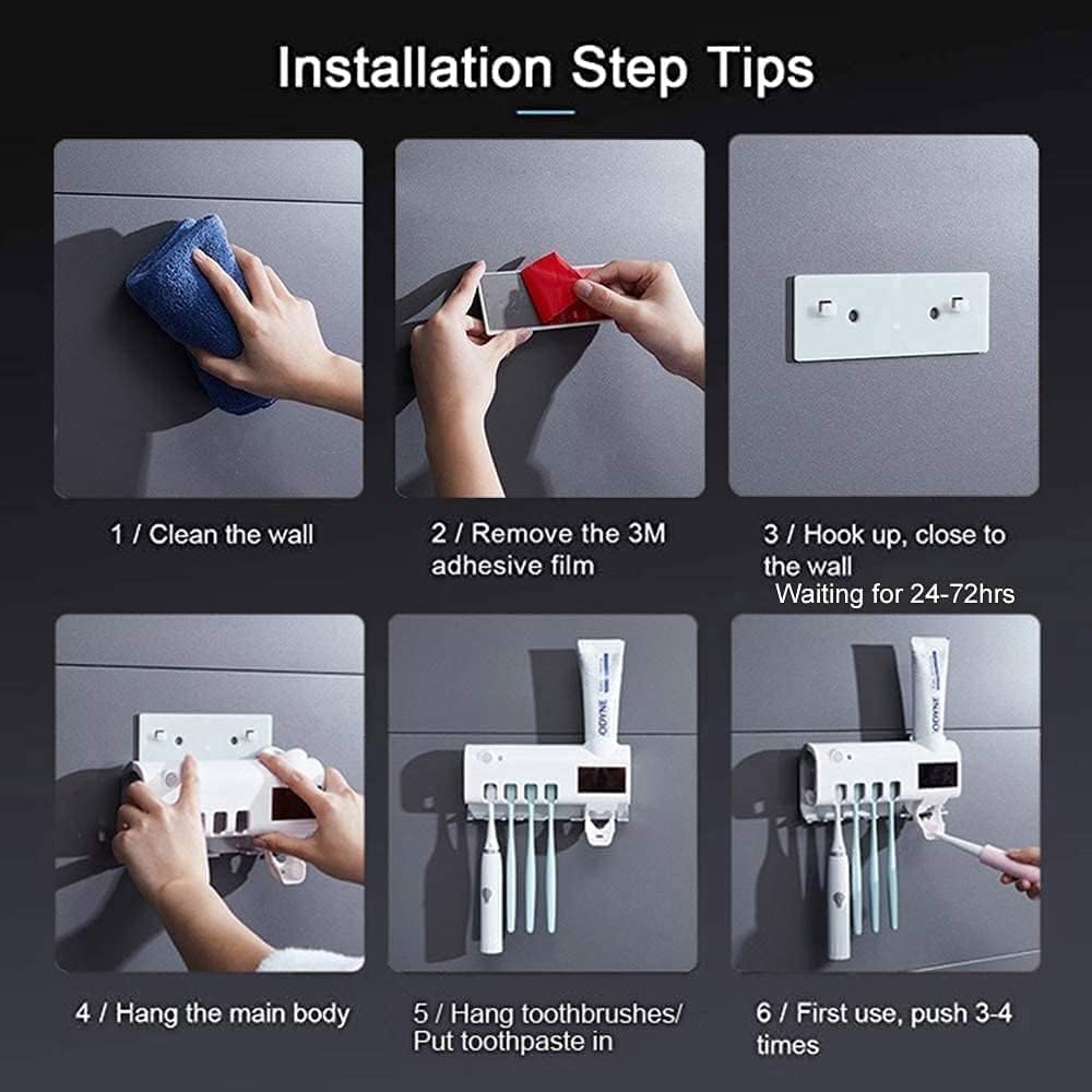 Wall Mounted Toothbrush Holder with UV Light, Toothpaste Dispenser & Storage